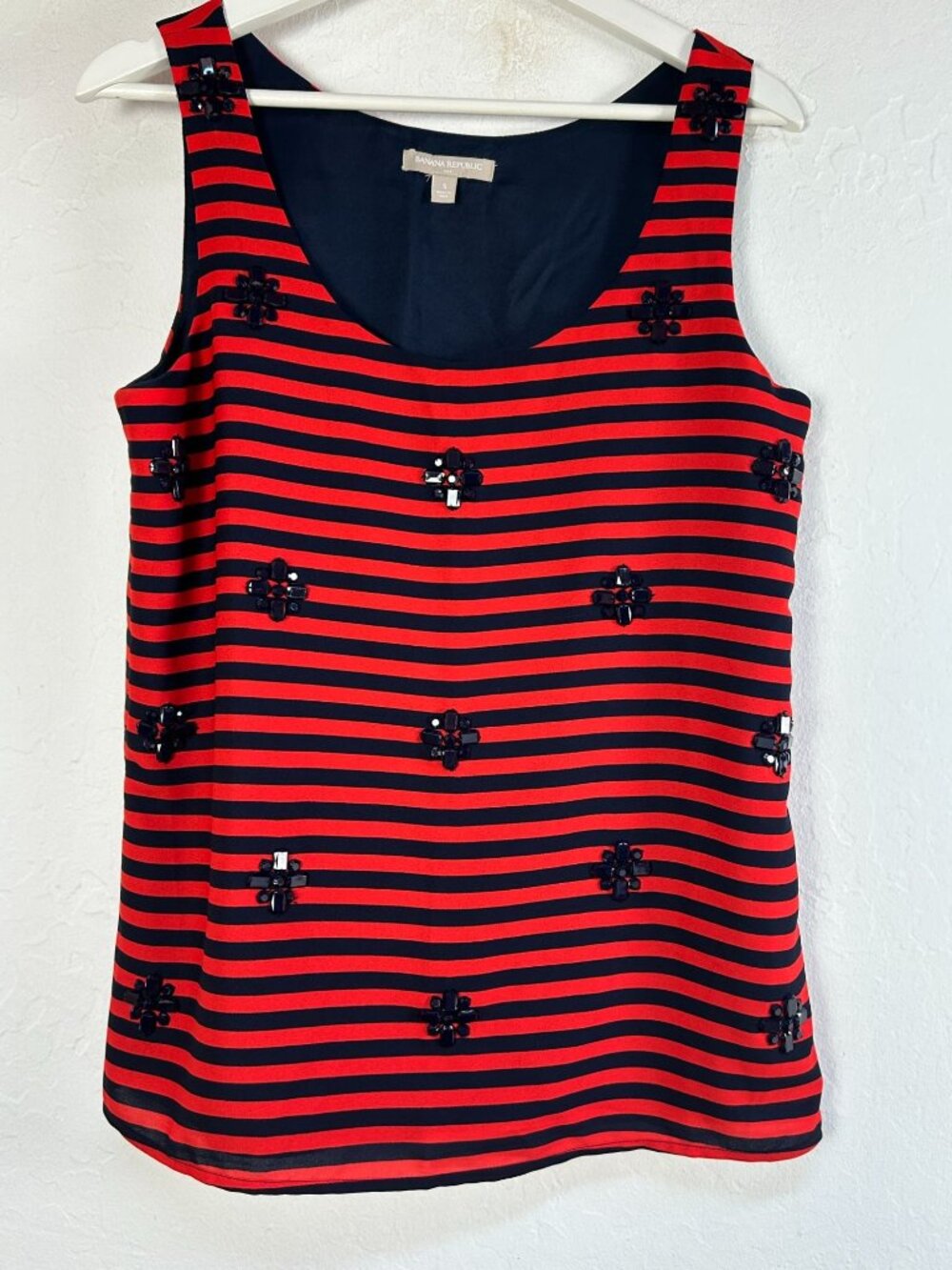 Banana Republic Womens Embellished Striped Tank Top Small Red Navy Sleeveless